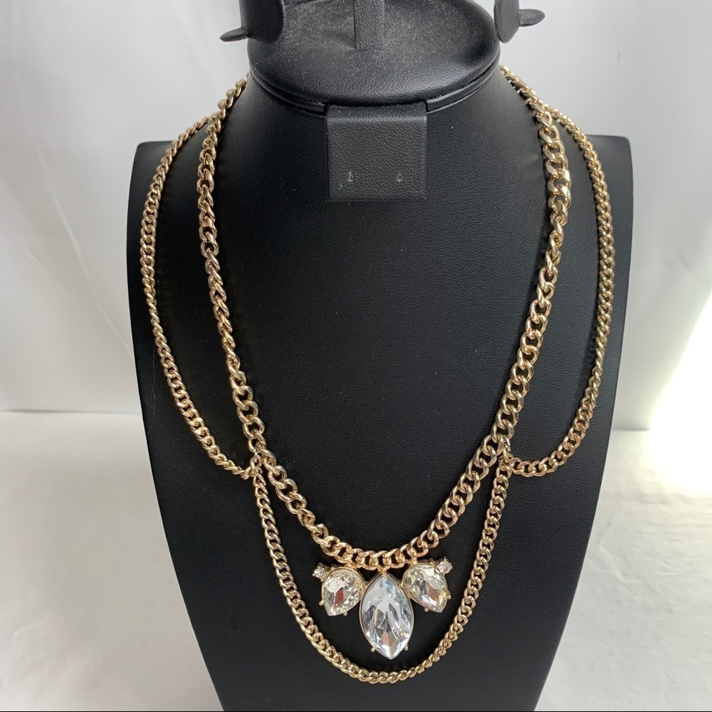 Cascading Crystal Statement Necklace On Gold Tone Tiered Chains